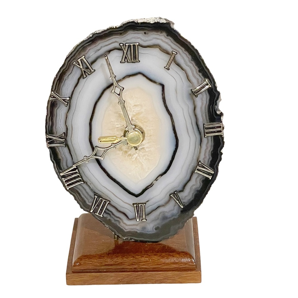 Agate Slice Stone Brasil Battery Operated Desk Wood‎ Base Clock Home Decor